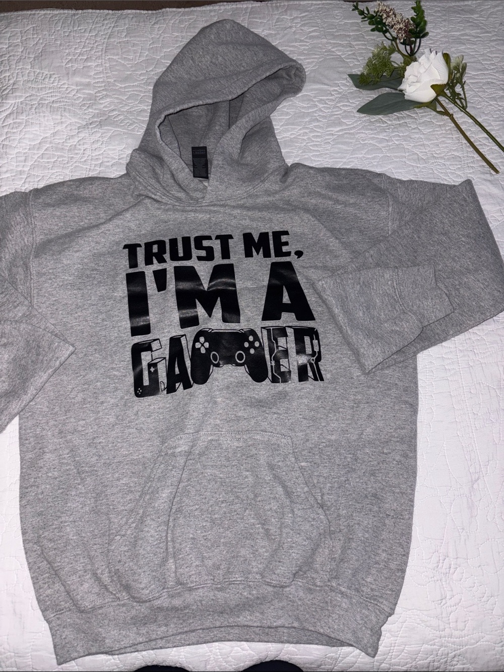 Gildan Gray Hoodie with Black "Trust Me, I'm a Gamer" Graphic